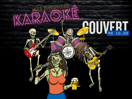 Karaokê nas encruzas com banda tocando ao vivo.